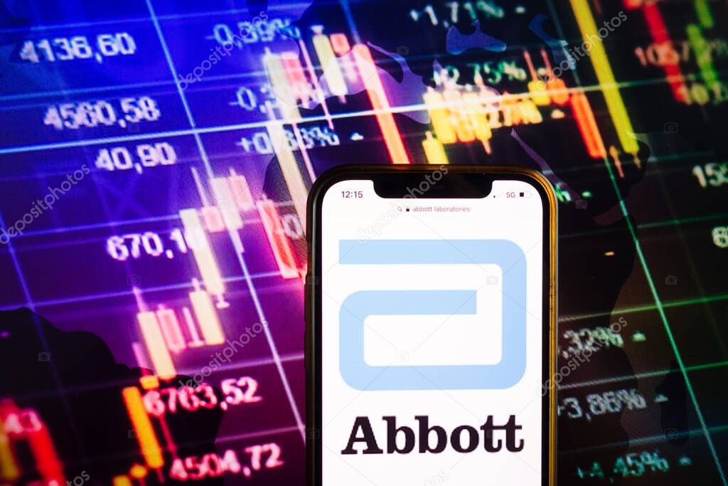 KONSKIE, POLAND - August 07, 2022: Smartphone displaying logo of Abbott Laboratories company on stock exchange diagram background