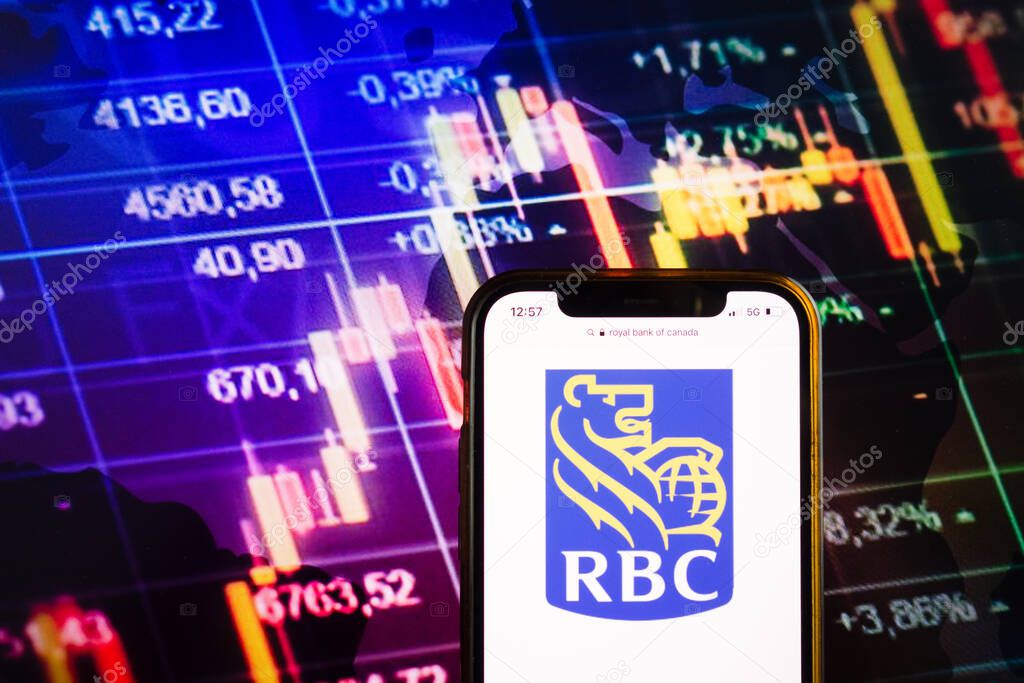 KONSKIE, POLAND - August 07, 2022: Smartphone displaying logo of Royal Bank of Canada (RBC) on stock exchange diagram background