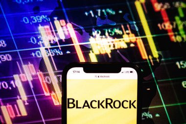 KONSKIE, POLAND - August 09, 2022: Smartphone displaying logo of BlackRock company on stock exchange diagram background