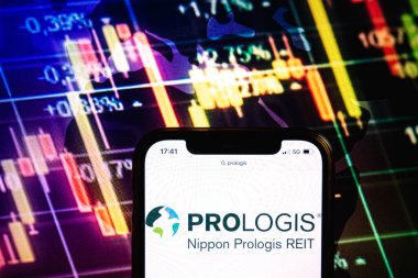 KONSKIE, POLAND - August 09, 2022: Smartphone displaying logo of Prologis company on stock exchange diagram background