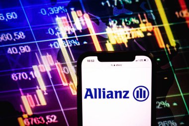 KONSKIE, POLAND - August 09, 2022: Smartphone displaying logo of Allianz company on stock exchange diagram background
