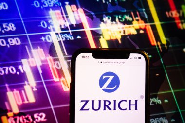 KONSKIE, POLAND - August 10, 2022: Smartphone displaying logo of Zurich Insurance Group company on stock exchange diagram background