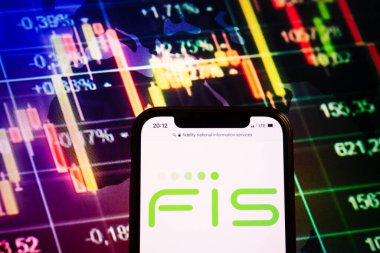 KONSKIE, POLAND - August 10, 2022: Smartphone displaying logo of Fidelity National Information Services FIS company on stock exchange diagram background