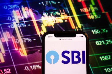 KONSKIE, POLAND - August 10, 2022: Smartphone displaying logo of State Bank of India (SBI) company on stock exchange diagram background