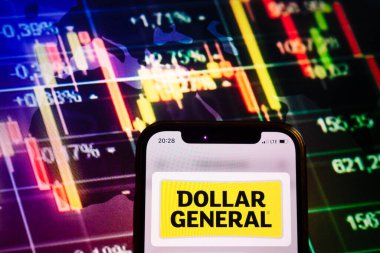 KONSKIE, POLAND - August 10, 2022: Smartphone displaying logo of Dollar General company on stock exchange diagram background
