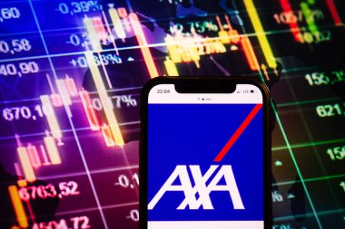 KONSKIE, POLAND - August 10, 2022: Smartphone displaying logo of AXA company on stock exchange diagram background