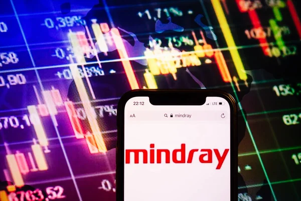 KONSKIE, POLAND - August 10, 2022: Smartphone displaying logo of Mindray company on stock exchange diagram background