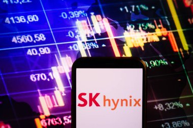 KONSKIE, POLAND - August 30, 2022: Smartphone displaying logo of SK Hynix company on stock exchange diagram background