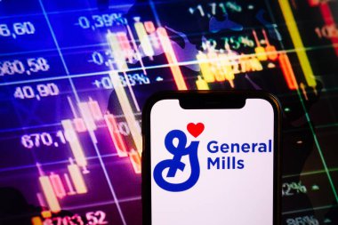 KONSKIE, POLAND - September 04, 2022: Smartphone displaying logo of General Mills company on stock exchange diagram background