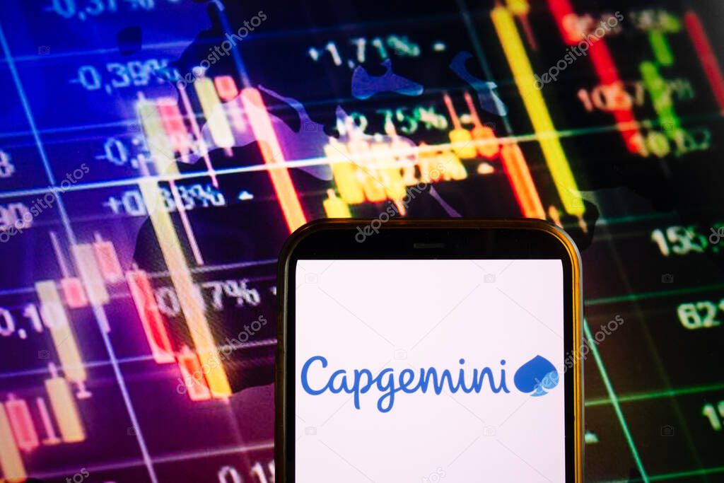 KONSKIE, POLAND - September 10, 2022: Smartphone displaying logo of Capgemini company on stock exchange diagram background