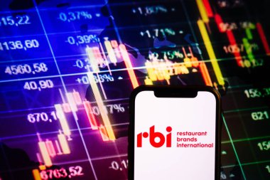 KONSKIE, POLAND - September 10, 2022: Smartphone displaying logo of Restaurant Brands International (RBI) company on stock exchange diagram background clipart
