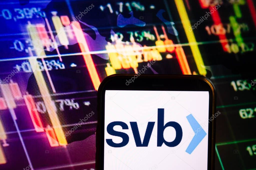 KONSKIE, POLAND - September 10, 2022: Smartphone displaying logo of SVB Financial Group company on stock exchange diagram background