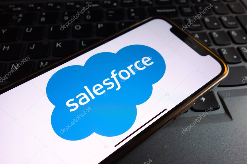 KONSKIE, POLAND - September 17, 2022: Salesforce logo displayed on smartphone screen in the office. Salesforce, Inc is an American cloud-based software company