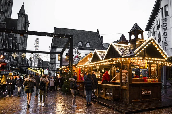 December Gent België Kerstmarkt Oude Stad Traditionele Verlichte Kiosk Met — Stockfoto