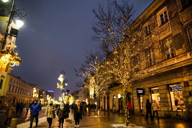 5 of December 2021 Warsaw, Poland. Nowy Swiat street. Festive Christmas illumination. Central street.