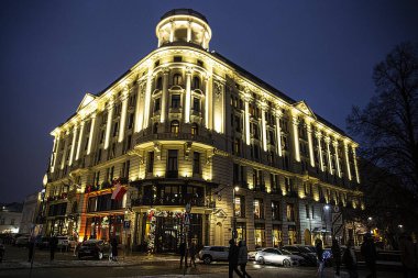 5 of December 2021 Warsaw, Poland. Nowy Swiat street. Festive Christmas illumination. Central street.