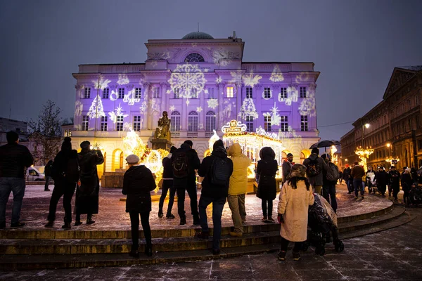 December 2021 Warsaw Poland Nowy Swiat Street Palac Staszica Festive — Stockfoto