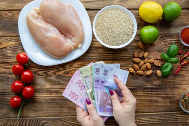 Ukrayna 'da yüksek gıda maliyetleri siyasi kriz ve çoban salgını nedeniyle. Yiyecek ve banknot parası, üst görünüm. Kavramsal resim. 
