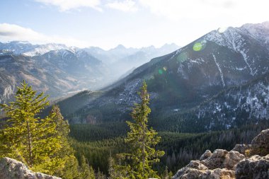 Polonya dağlarındaki güzel Tatras manzarası. Karla kaplı tepeler. Gesia szyja yolu. 