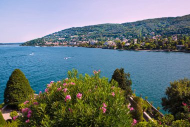 View from Isola Bella island to beautiful Maggiore island in Italy. 