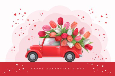 Valentines day background with flowers and car vector
