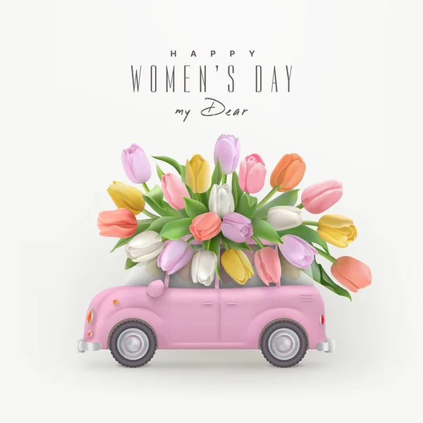 День счастливой женщины с цветами и машиной — стоковый вектор