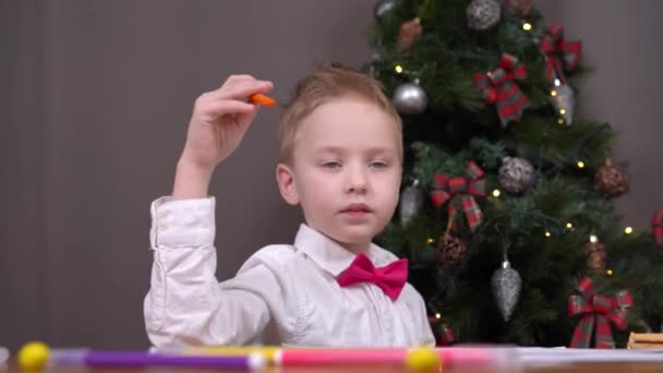 Child lovely boy in festive outfit with shirt and pink bow tie eats candy in blue glaze. Decorated Christmas tree on blurred background. Sweets are bad for teeth — Stock Video