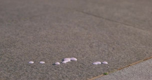 Gotas de helado de fruta derretida caen sobre el asfalto iluminado por los rayos cálidos del sol de verano, y luego el helado en sí en el cono de gofre cae al suelo, de cerca — Vídeos de Stock