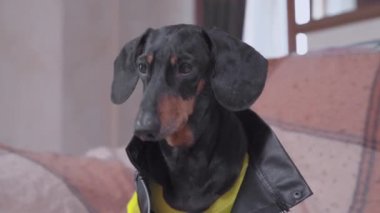 Meraklı Dachshund köpek yavrusu rock yıldızı koltukta bir şeye bakıyor.