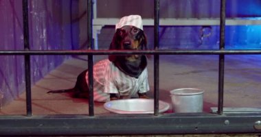 Hapishane üniformalı üzgün dachshund hapishane hücresinden dışarı bakıyor.