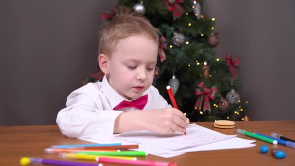 Child has new hobby, he draws and tells Christmas story or how he spent his day. Good boy deserves praise for his exemplary behavior, so he writes letter with wishes to Santa — Stock Video