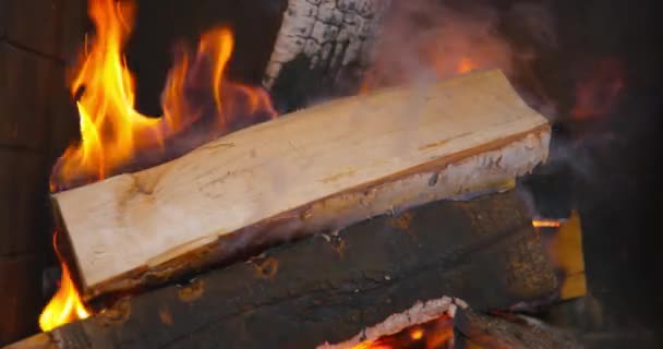 Березові колоди спалюють у каміні з помаранчевим полум'ям і димом — стокове відео
