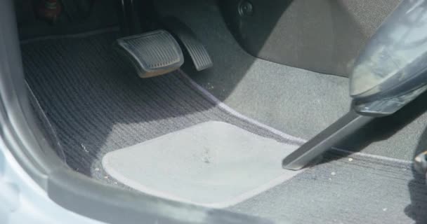 Man cleans black textile mats in car removing dog wool — Stock Video
