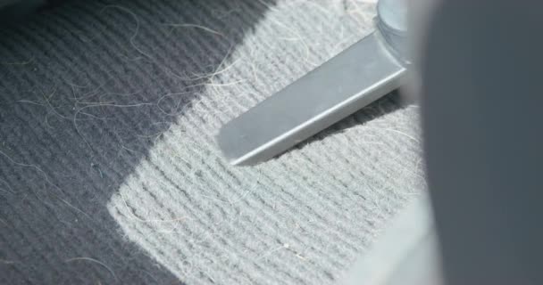 Werknemer reinigt vuile textielmat in auto met stofzuiger — Stockvideo
