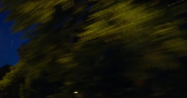 Qualcuno sta guidando un'auto decappottabile senza tetto in posizione, in scooter o in bicicletta attraverso edifici notturni con bella architettura, lampioni illuminati, alberi e cartelli, vista in prima persona — Video Stock