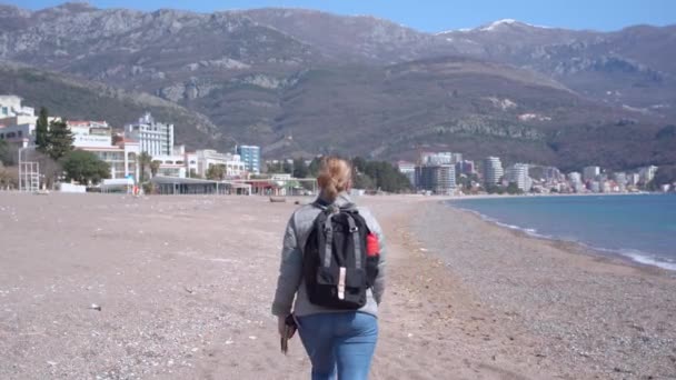 젊은 관광객인 금발의 여자 가 해변에서 다크 다운 개들 과 함께 걷는다. 애완 동물 과 함께 해안에서 휴가를 보내다 — 비디오