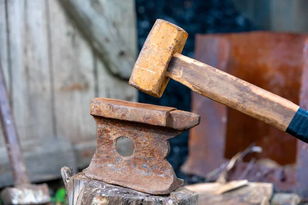 Old rusty anvil stands on a stump in the backyard of village house, sledgehammer leaning on wooden fence enclosing a barn with coal on blurred background. Heavy working tools. Stock-billede