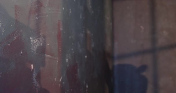 Stylischer Typ in gelbem Kunstpelzmantel und Brille mit roten Gläsern, frech gepinnter Dackelwelpe in gestreifter Uniform mit Mütze an der Wand. Knast-Showdown zwischen Dealer und Kleinkriminellen — Stockvideo