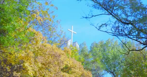 Крест католической церкви на крыше колокольни виден через венцы осенних деревьев в городском парке, с голыми ветвями или покрытыми зеленой или желтой листвой, вид снизу вверх. — стоковое видео