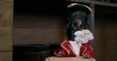 Korsan kılığındaki komik dachshund tahta fıçıya pençelerini koydu.