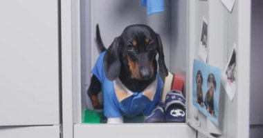 Mavi tulumlu kafası karışmış dachshund köpek yavrusu açık kapılı dolapta duruyor, köpek aile fotoğraflarının asılı olduğu yerde. Haylaz hayvan ortalığı dağıtmak istiyor ya da saklambaç oynuyor..