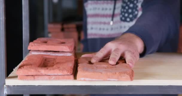 Τεχνίτης βάζει διακοσμητικά τούβλα με σχέδια στο ράφι — Αρχείο Βίντεο