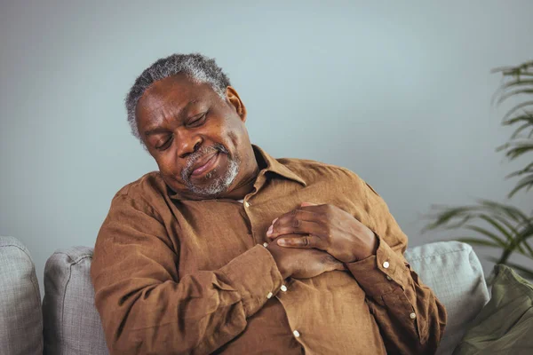 Senior Man Spectacles Presses Hand Chest Has Heart Attack Suffers — Stock Photo, Image