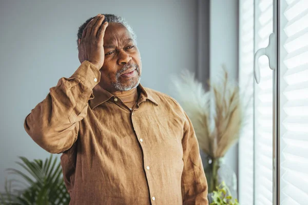 Close Face Older Man Who Massages His Temples Holds His — Stock Photo, Image