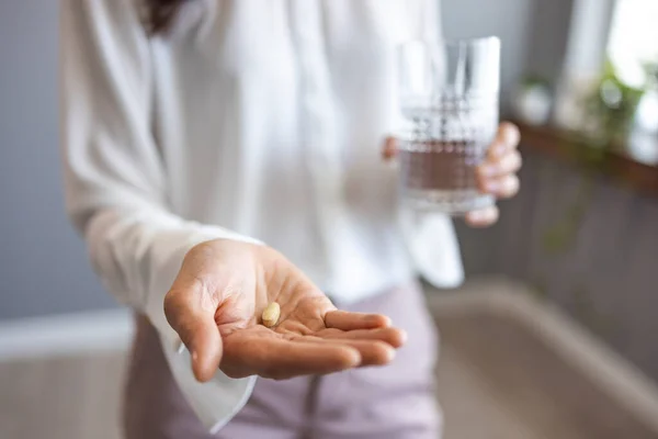 Woman Hands Holding Glass Water White Pill Receiving Vitamins Medical — Stock Photo, Image