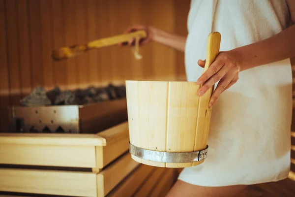 Woman Sauna Real Authentic Moment Women Pouring Water Hot Stones — ストック写真