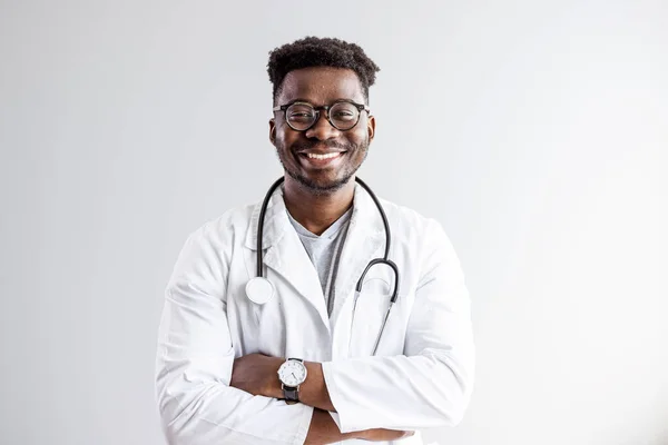 Portrait Confident Black Doctor Smiling African American Doctor Stethoscope Medical — Fotografia de Stock