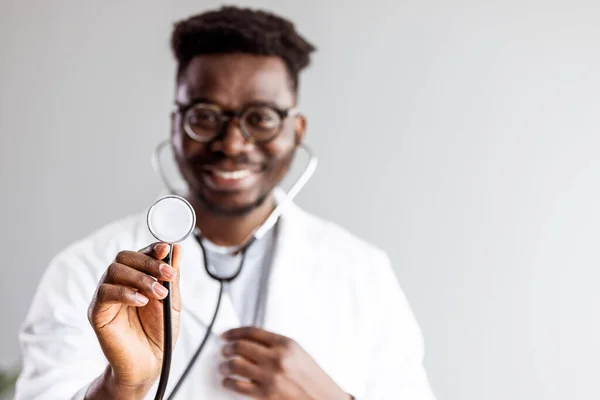 Portrait African American Male Doctor Wearing White Coat Standing Hospital — Fotografia de Stock