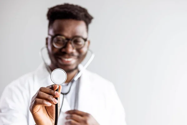 Portrait Happy African Doctor Private Clinic Happy African American Male — Fotografia de Stock
