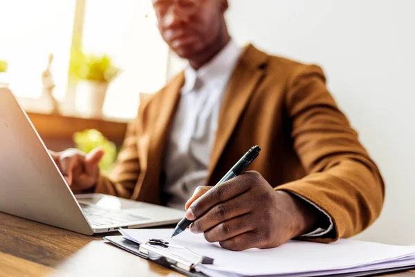 Young Elegant Man Working Home African Serious Businessman Writing Notes — Zdjęcie stockowe